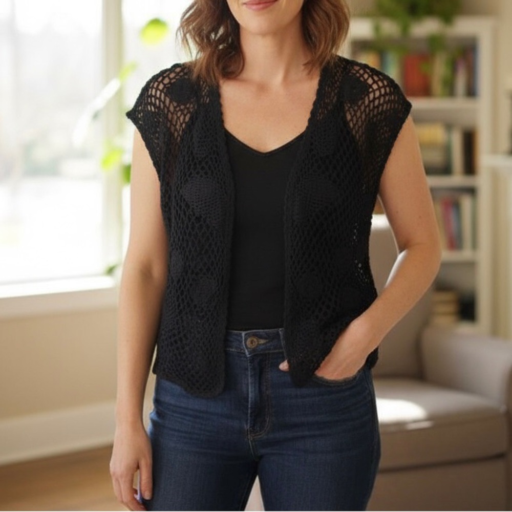 Vtg Womens Lg Spiegel Black Crochet Vest Cardigan Floral Whimsigoth Boho Granny